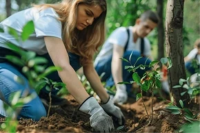 Aerial view of newly planted trees in rows across a vast landscape